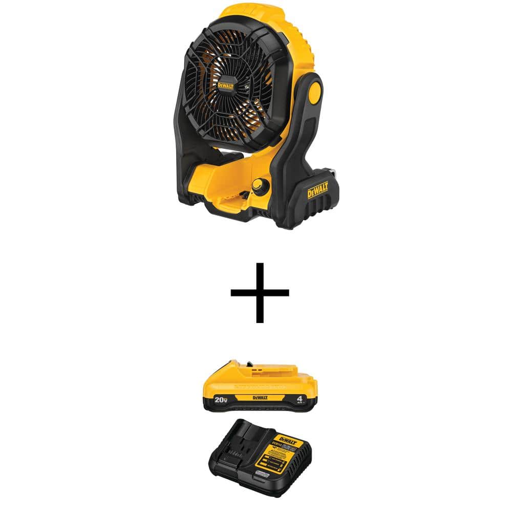 DEWALT 20V MAX Jobsite Fan, (1) 20V MAX Compact Lithium-Ion 4.0Ah Battery,  and 12V-20V MAX Charger DCE512BW240C The Home Depot