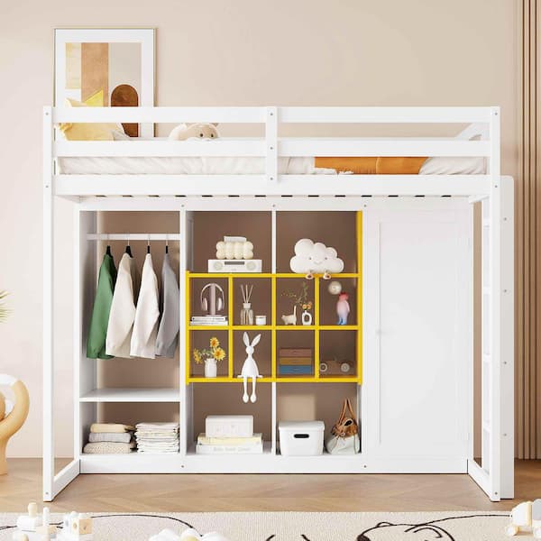 Yellow/White Twin Wood Loft Bed with Wardrobe, shelves and Cabinet