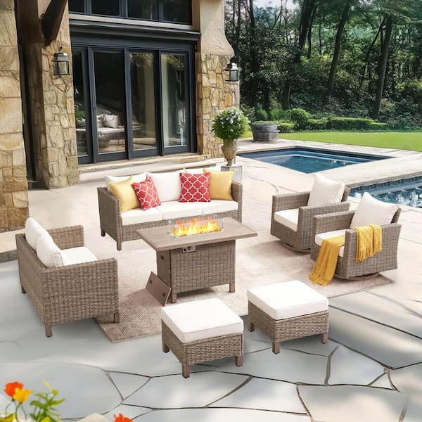 EDYO LIVING 7-Piece Wicker Outdoor Patio Conversation Set with Beige Cushions and 55000 BTU Propane Fire Pit Table
