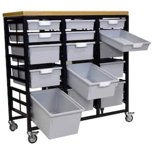 Mobile Workbench Storage Station With Wood Top -15 StorSystem Trays-Gray