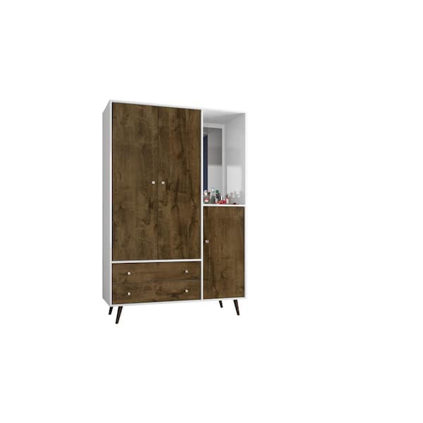 Manhattan Comfort Liberty 47.83 in. Mid Century White and Rustic Brown Modern Armoire with Mirror, 4-Shelves, 2-Draweres and Hanging Rod