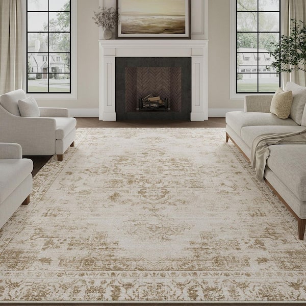 Maria Taupe 8 ft. x 10 ft. Vintage Washable Medallion Distressed Area Rug