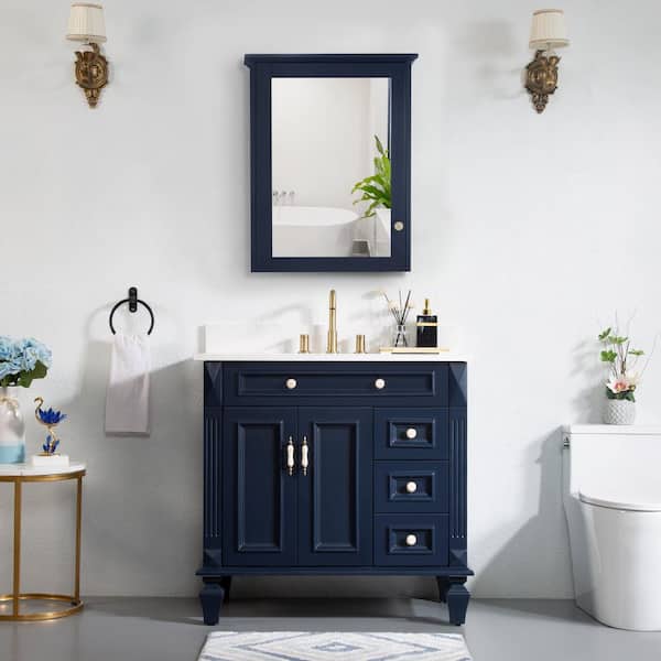 WELLFOR 36 in. W x 22 in. D x 35 in. H Bath Vanity in Navy Blue with Vanity Top and Medicine Cabinet