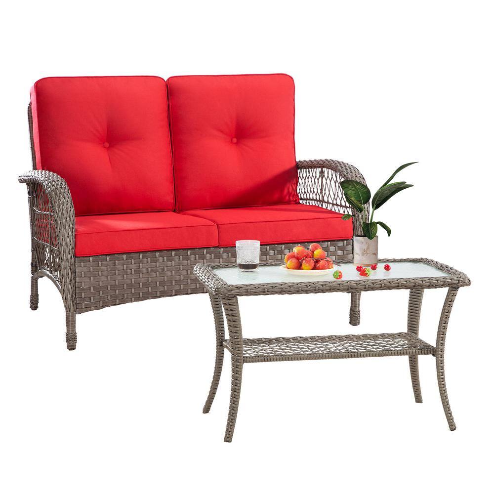 Red Cushioned Wicker Loveseat and Table Set with Black Iron Frame