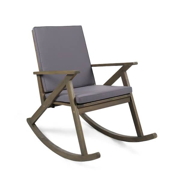 Gray Acacia Wood Outdoor Rocking Chair with Gray Cushions, Anti-rollover Design