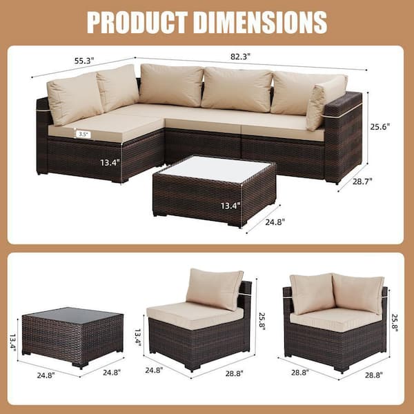 5-Piece Brown Wicker Patio Conversation Set Outdoor Sectional Sofa Set with Coffee Table and Beige Cushions