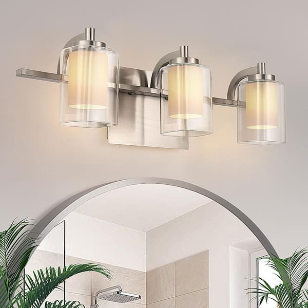 21 in. 3-Light Brushed Nickel Vanity Light with Clear Cylinder Glass Shades Bathroom Wall Sconce for Vanity or Hallway