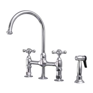 Harding Two Handle Bridge Kitchen Faucet with Sidespray and Cross Handles in Polished Chrome
