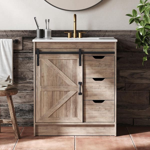 30 in. Single Sink Freestanding Antique Oak Bath Vanity with White Ceramic Top and Sliding Barn Door Unassembled