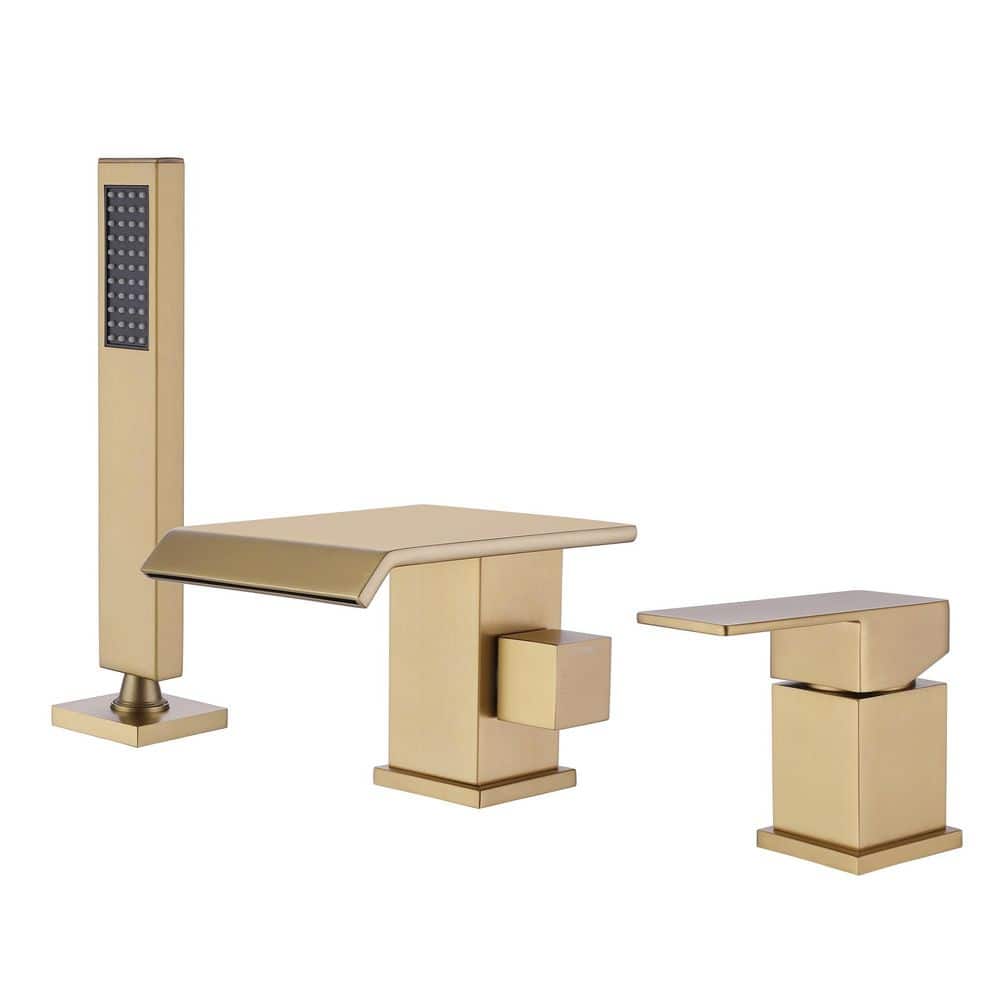 Brass 1-Handle Deck-Mount Roman Tub Faucet with Hand Shower and Wide Waterfall Spout in Gold