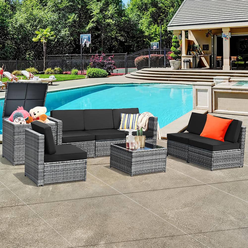 6-Piece Black Wicker Rattan Outdoor Sofa Set with Storage Table