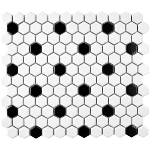 Merola Tile Metro 1 in. Hex Matte White with Black Dot 10-1/4 in. x 11-7/8 in. Porcelain Mosaic Tile (8.6 sq. ft./Case)