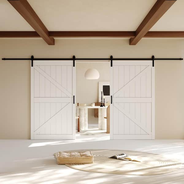 96 in. x 84 in. White Primed MDF K-Shape Interior Barn Door Slab With Hardware Kit and Soft Close