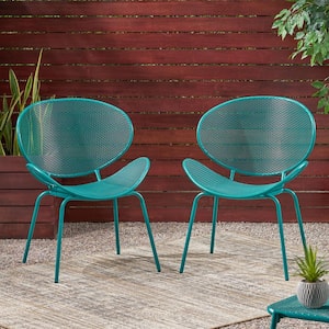 Elloree Matte Teal Metal Outdoor Patio Dining Chair (2-Pack)
