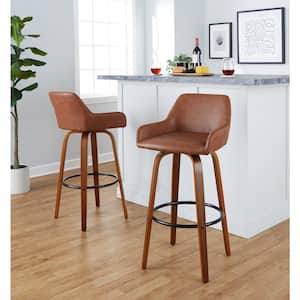 Daniella 29.25 in. Camel Faux Leather, Walnut Wood and Black Metal Fixed-Height Bar Stool (Set of 2)