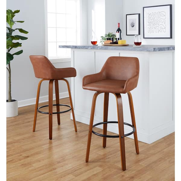 Lumisource Daniella 29.25 in. Camel Faux Leather, Walnut Wood and Black Metal Fixed-Height Bar Stool (Set of 2)