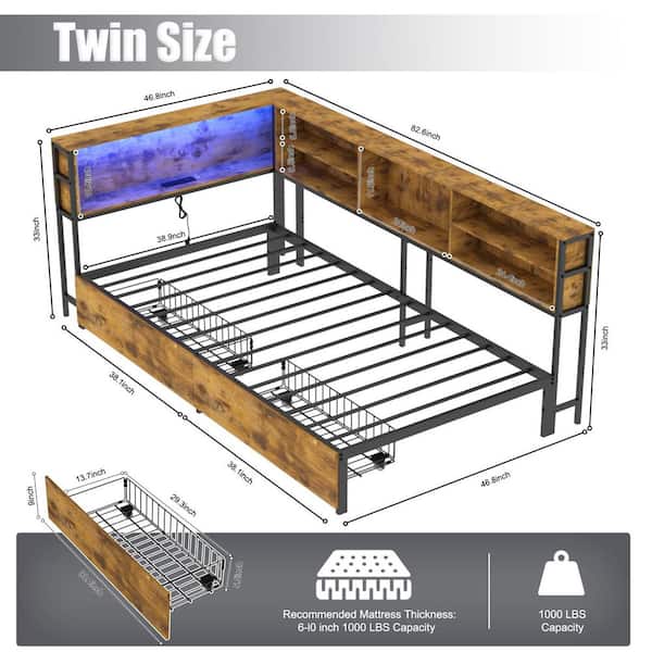 Seafuloy Brown Twin Corner Daybed with Drawer, Bed Frame with