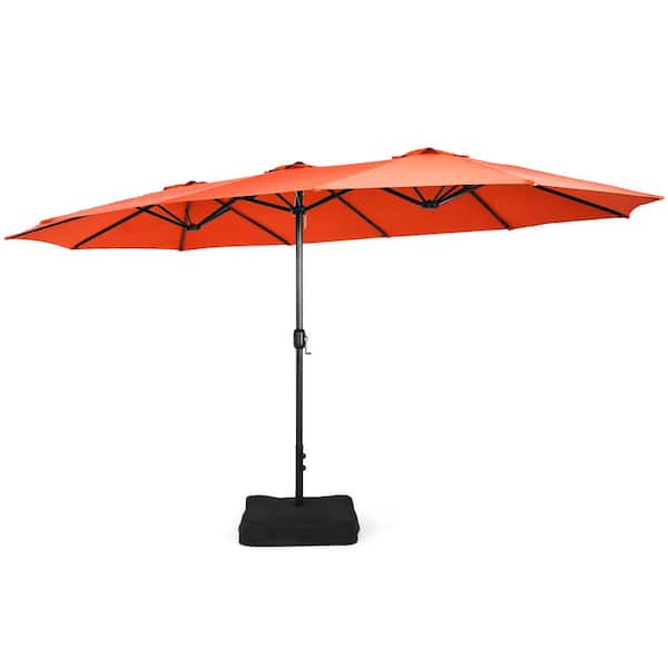 Costway 15 ft. Double-Sided Twin Metal Market Patio Umbrella with Crank and Base in Orange