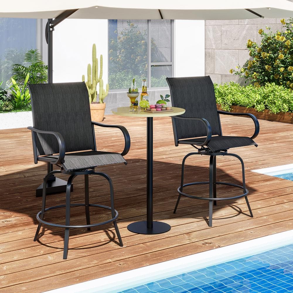 2-Pieces Swivel Metal Outdoor Bar Stool with Armrests, Black