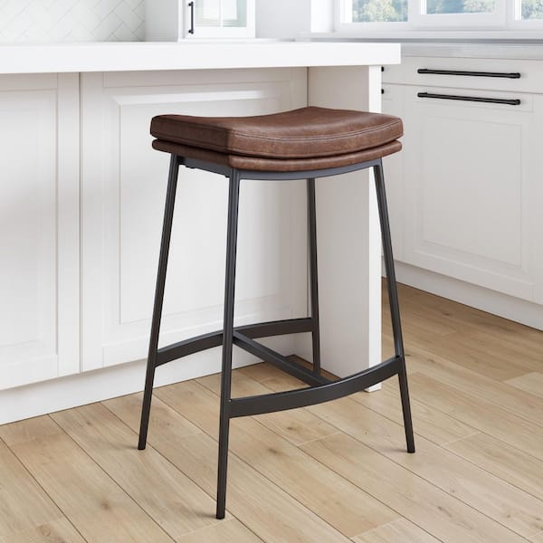Arlo 27 in. Brown/Matte Black Modern Backless Kitchen Counter Bar Stool Metal Frame with Saddle Seat