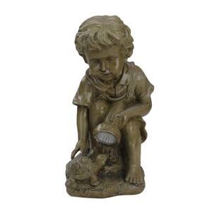 12.25 in. Solar Powered LED Lighted Boy Examining Turtle with Flashlight Outdoor Garden Statue