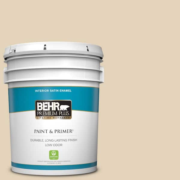 BEHR PREMIUM PLUS 5 gal. #BXC-50 Stucco White Satin Enamel Low Odor Interior Paint & Primer