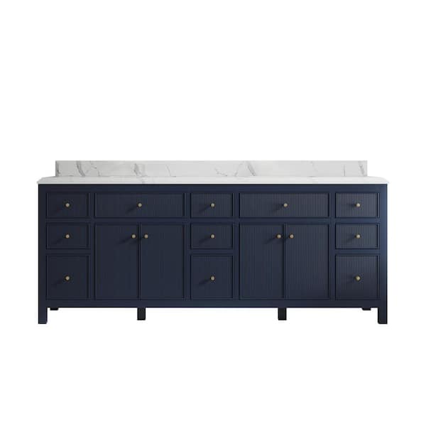 Willow Collections Sonoma 84 in. W x 22 in.D x 36 in. H Double Sink Bath Vanity in Navy Blue with Cove Edge Calacatta Quartz Top