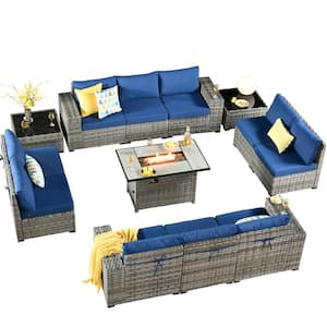 Crater Grey 13-Piece Wicker Wide-Plus Arm Outdoor Fire Pit Patio Conversation Sofa Set with Navy Blue Cushions