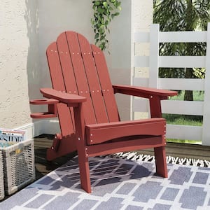 Foldable Plastic Outdoor Patio Adirondack Chair with Cup Holder For Garden/Backyard/Firepit/Pool/Beach-Wine Red