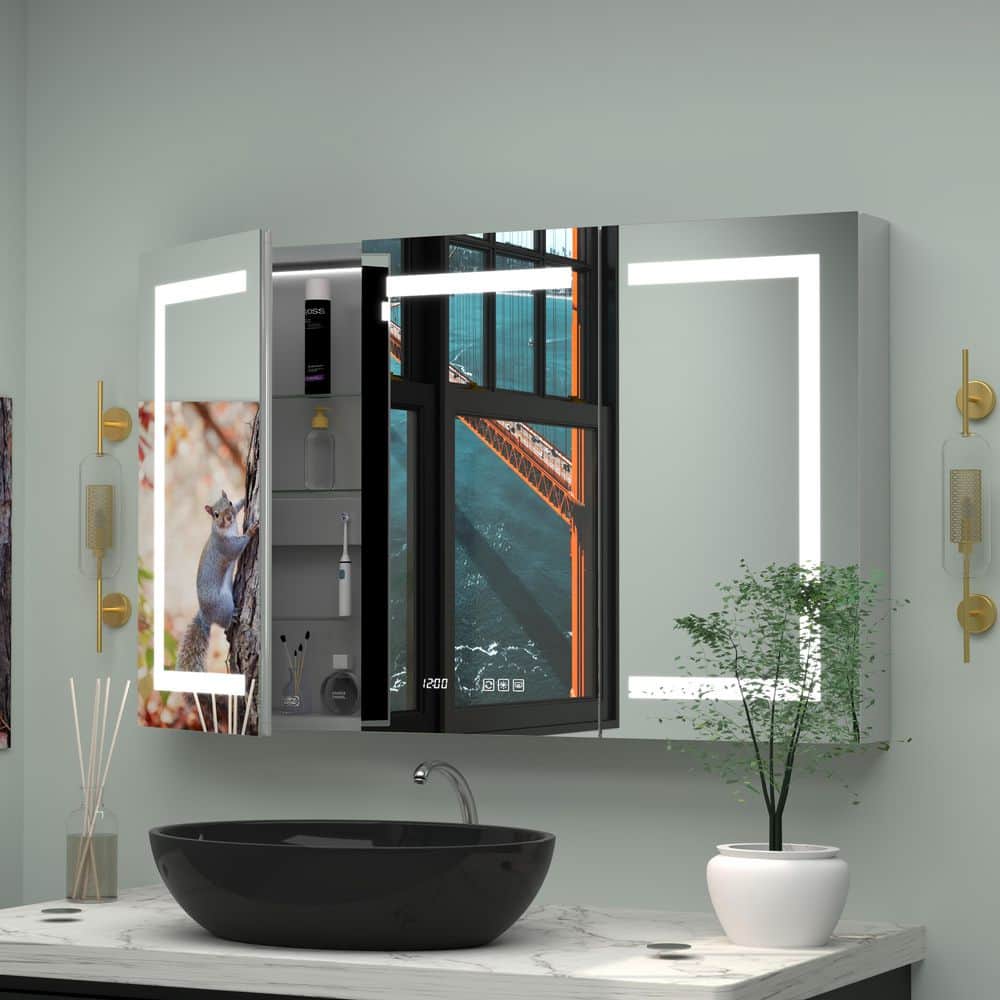 48 in. W x 30 in. H Rectangular Silver Aluminum Recessed/Surface Mount Medicine Cabinet with Mirror LED and Clock price history on PriceWatchPro