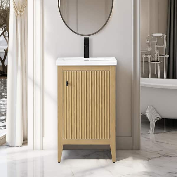Vanity Art 20 in. W x 15.7 in D x 34 in. H Single Sink Bathroom Vanity Cabinet in Linear Natural Oak with White Ceramic Top