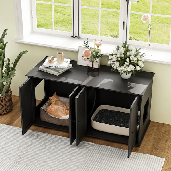 FUFU&GAGA Cat Litter Box Enclosure for 2 Cats, Modern Hidden Litter Box  Furniture, Indoor Cat Washroom Bench for Living Room Black Y-THD-180092-03FG