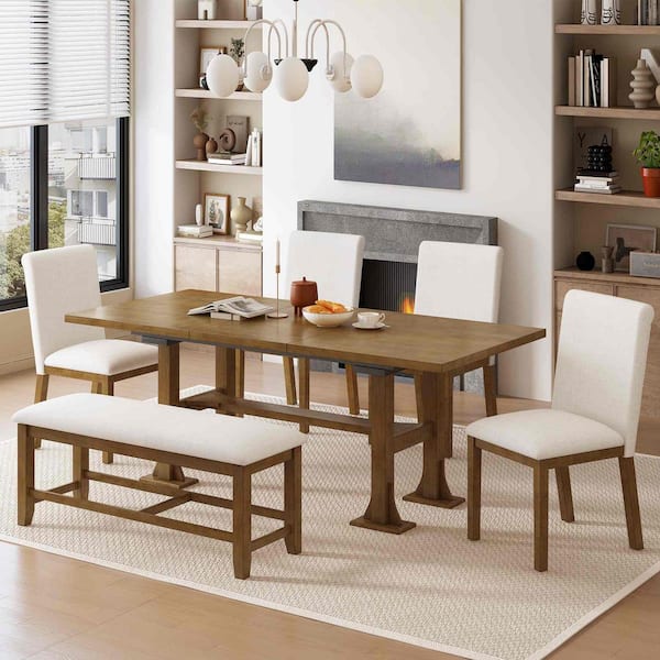 6-Piece Farmhouse Dark Brown Extendable Wood Top Dining Room Set Seats 5