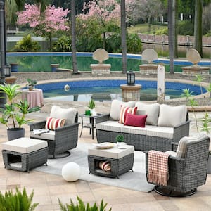 Fortune Dark Gray 6-Piece Wicker Outdoor Patio Conversation Set with Beige Cushions and Swivel Chairs