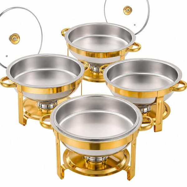 4 Pack 5 qt Gold and Silver Stainless Steel Round Chafing Dishes with Glass Lid and Lid Holder