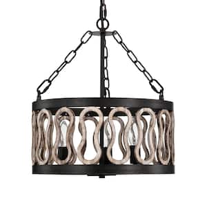 Dalen 16 in. 3-Light Indoor Rustic Black and Faux Wood Grain Chandelier with Light Kit