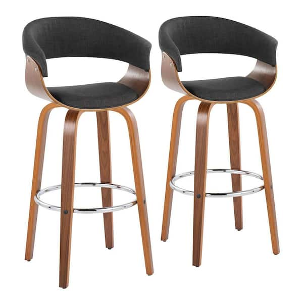 Vintage Mod 29 in. Charcoal Fabric Walnut Wood and Chrome Metal Fixed Height Bar Stool Round Footrest Set of 2