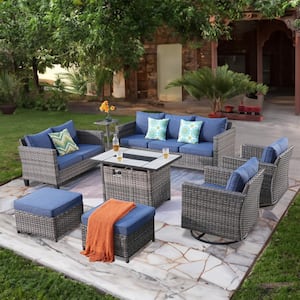 Moonshadow Gray 8-Piece Wicker Patio Rectangular Fire Pit Set with Denim Blue Cushions and Swivel Rocking Chairs