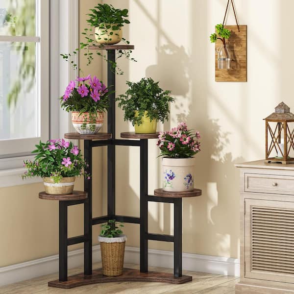 Wellston 43.7 in. Rustic Brown Round Wood Corner Plant Stand Indoor, 6 Tier Plant Shelf Flower Stand Tall Potted Plant