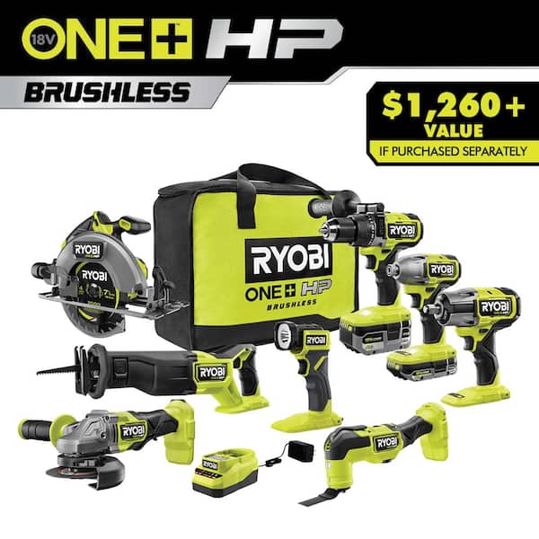 RYOBI PBLCK108K2 ONE+ HP 18V Brushless Cordless 8-Tool Combo Kit with 4.0 Ah and 2.0 Ah HIGH PERFORMANCE Batteries, Charger, and Bag - 1