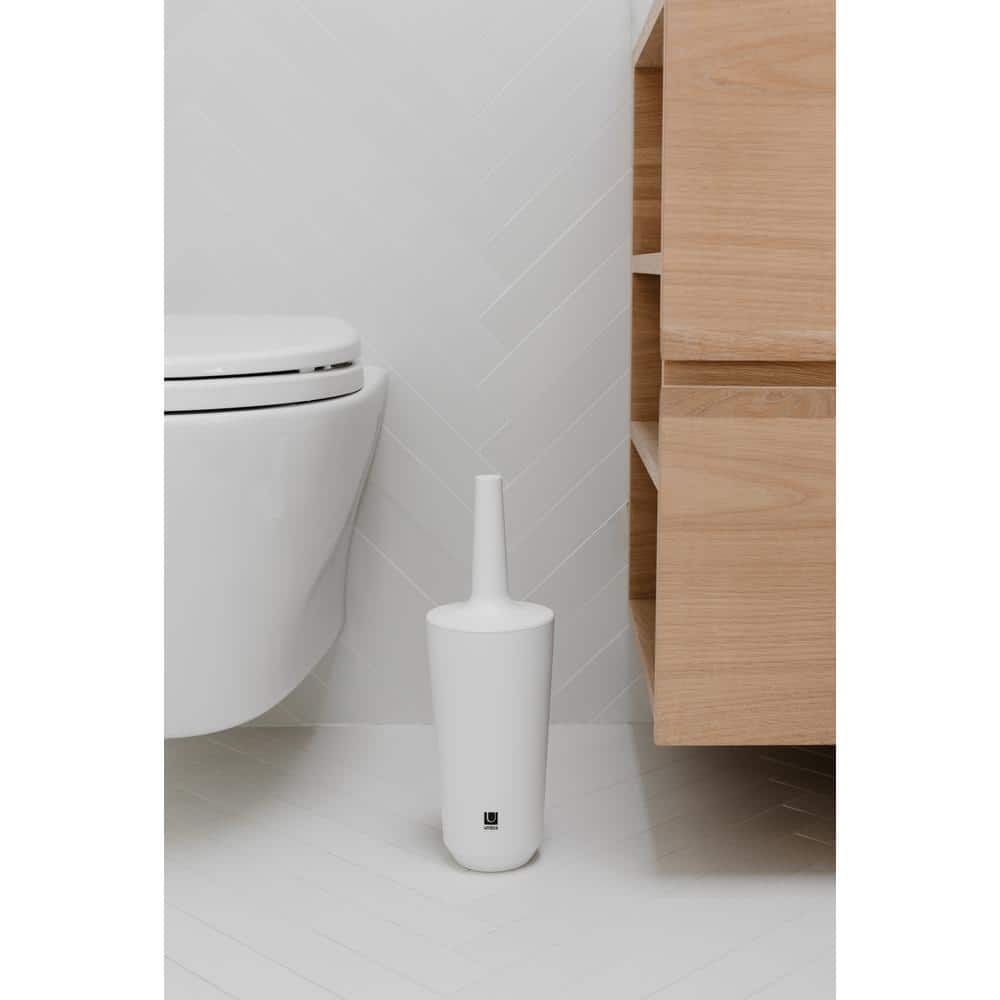 Compact White Ceramic Toilet Brush with Enclosed Holder