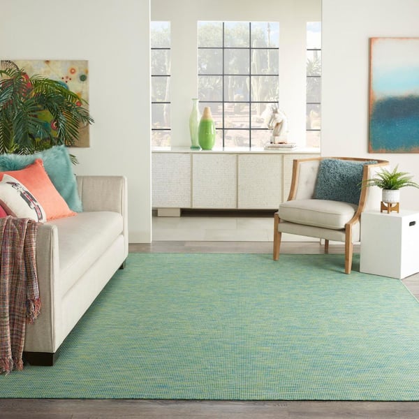 Positano Blue/Green 9 ft. x 12 ft. Solid Contemporary Indoor/Outdoor Patio Area Rug