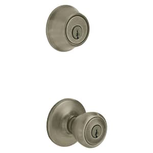 Tylo Antique Brass Entry Door Knob and Single Cylinder Deadbolt Combo Pack with Microban Antimicrobial Technology