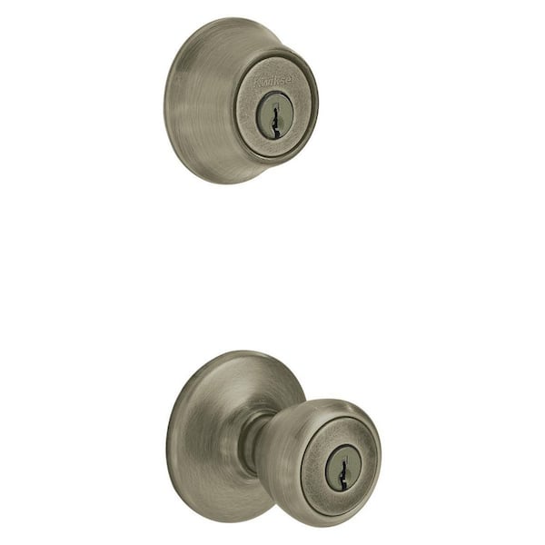 Kwikset Tylo Antique Brass Entry Door Knob and Single Cylinder Deadbolt Combo Pack with Microban Antimicrobial Technology