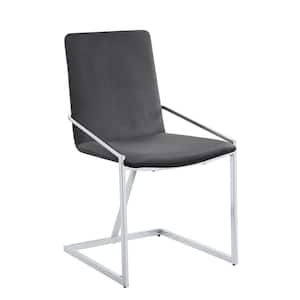 Zlatan Gray Velvet and Chrome Finish Linen Side Chair Set of 2 with No Additional Features