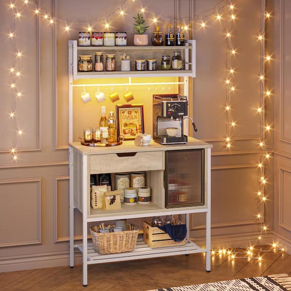 32.9 in. Oak Kitchen Baker's Rack with Drawer, Moru Glass Door Cabinet, 8 Hooks, and LED Light