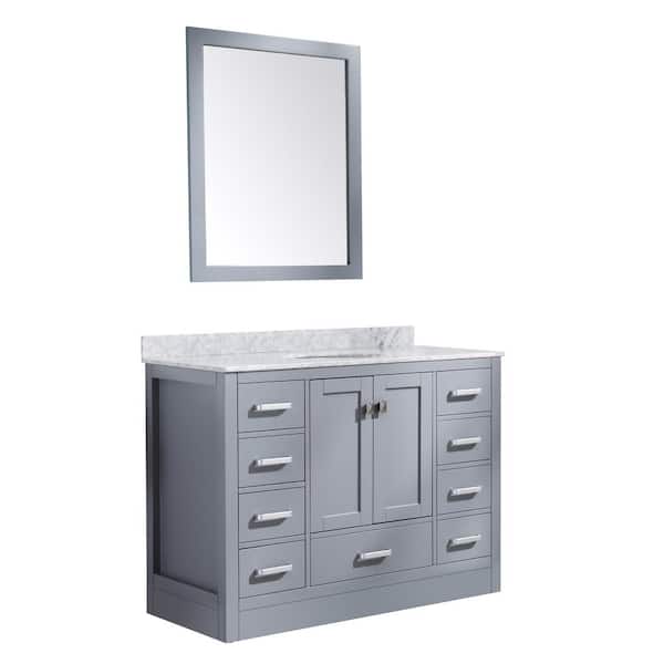 ANZZI Chateau 48 in. W x 36 in. H Skirted Bath Vanity in Gray with Vanity Top in Carrara White with White Basin and Mirror