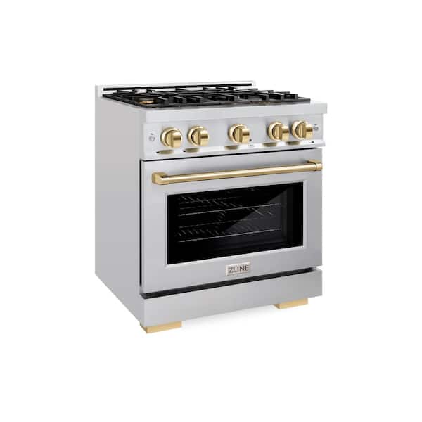 Select 30 in. 4-Burner Gas Range with Gas Convection Oven in Stainless Steel and Polished Gold