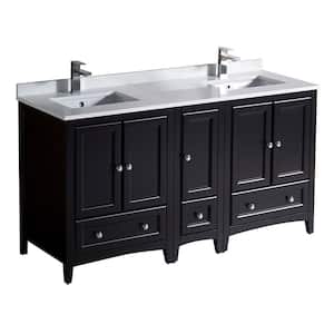 Oxford 60 in. Double Vanity in Espresso with Quartz Stone Vanity Top in White with White Basins with Side Cabinet