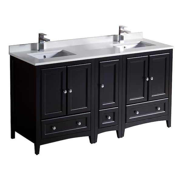 Fresca Oxford 60 in. Double Vanity in Espresso with Quartz Stone Vanity Top in White with White Basins with Side Cabinet